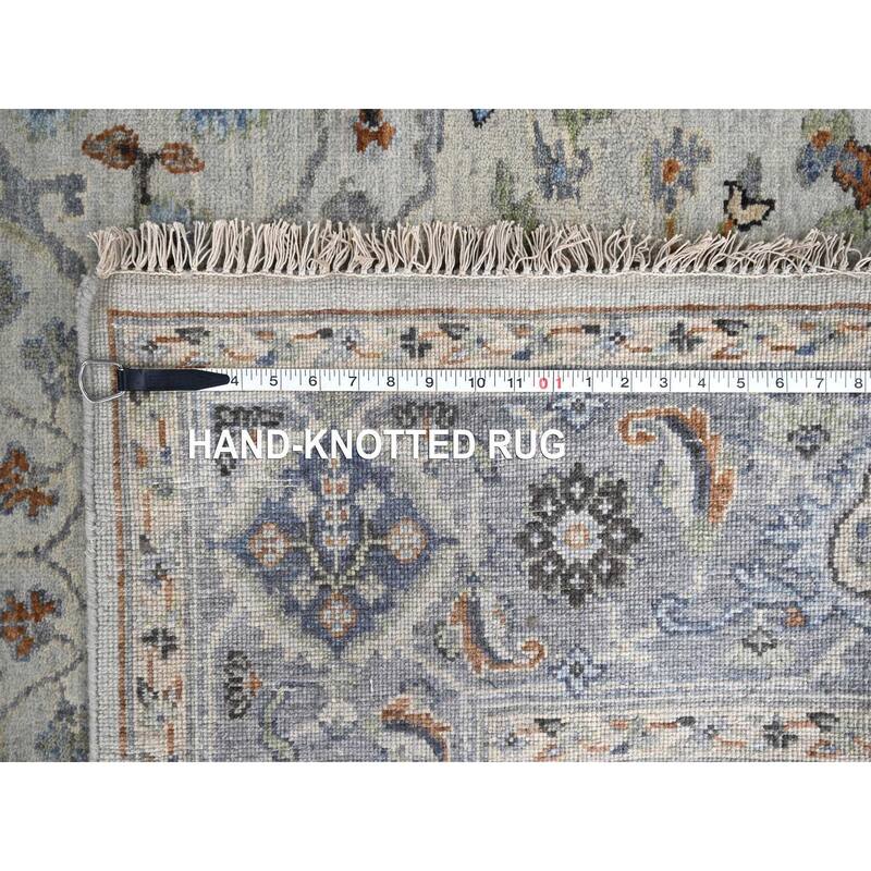 Shahbanu Rugs Gainsboro and Light Slate Gray, Hand Knotted Denser Weave Oushak Floral Motifs